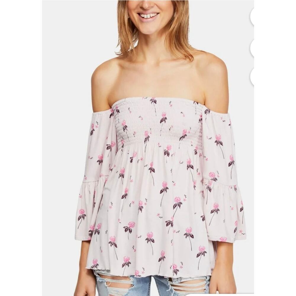Free People Cloud Berry Combo Floral Smocked Bell Sleeve Top NWT Small